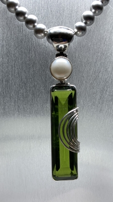 Anhänger Obsidian grün rechteckig / Zuchtperle