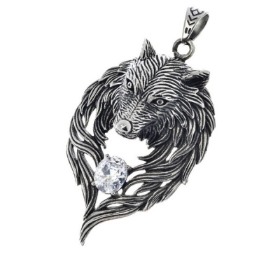 Edelstahlanhänger Wolf mit Stein