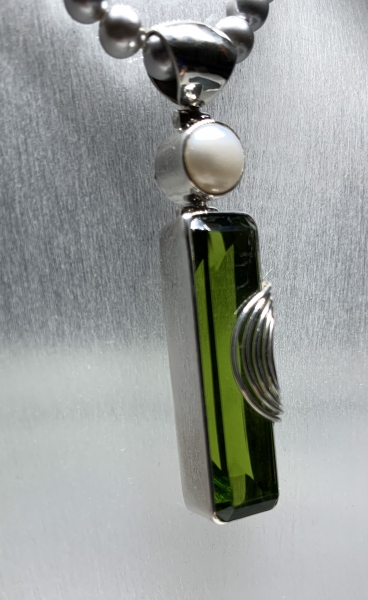 Anhänger Obsidian grün rechteckig / Zuchtperle